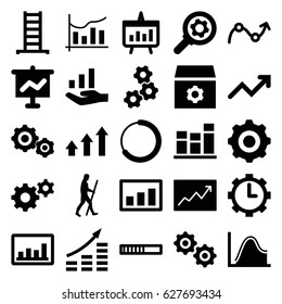 Progress icons set. set of 25 progress filled icons such as ladder, gear, graph, chart, clock in gear, line graph, gear    sign symb, caveman, money growth
