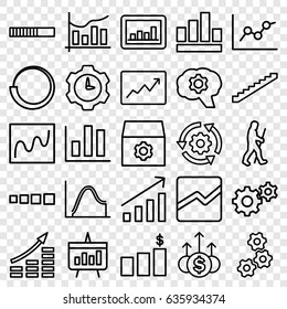 Progress icons set. set of 25 progress outline icons such as stairs, gear, graph, line chart, chart, line graph, caveman, gear clock, money chart, money up, gear rotate