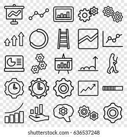 Progress icons set. set of 25 progress outline icons such as graph, gear, ladder, line chart, line graph, clock in gear, chart, chart on display, caveman