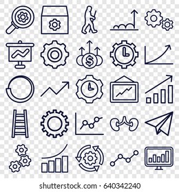 Progress icons set. set of 25 progress outline icons such as gear, graph, ladder, kidney, chart, line graph, clock in gear, paper plane, caveman, money up, graph on board