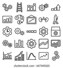 Progress icons set. set of 25 progress outline icons such as gear, graph, ladder, kidney, line chart, chart, line graph, 1 2 3, gear    sign symb, caveman, gear clock