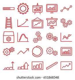 Progress icons set. set of 25 progress outline icons such as gear, stairs, ladder, chart, line graph