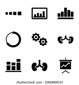 Progress icons. set of 9 editable filled progress icons such as kidney, graph, loading, chart, gear
