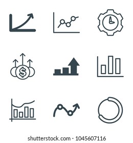Progress icons. set of 9 editable outline progress icons such as graph, chart, loading, money up