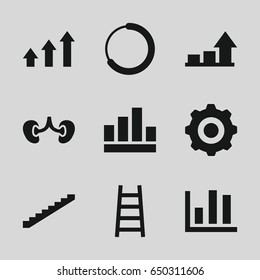 Progress icons set. set of 9 progress filled icons such as stairs, ladder, kidney, graph, gear    sign symb, chart