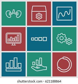 Progress icons set. set of 9 progress outline icons such as gear, kidney, chart, graph on hand, graph