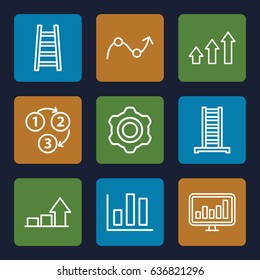 Progress icons set. set of 9 progress outline icons such as ladder, chart, graph, 1 2 3