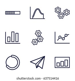 Progress icons set. set of 9 progress outline icons such as graph, paper plane, gear, chart