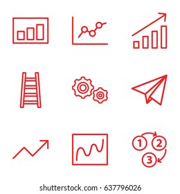 Progress icons set. set of 9 progress outline icons such as ladder, graph, 1 2 3, paper plane, gear    sign symb