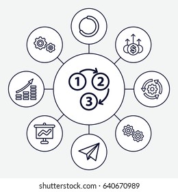 Progress icons set. set of 9 progress outline icons such as gear, 1 2 3, paper plane, gear    sign symb, money up, gear rotate, money growth, graph on board