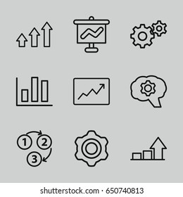 Progress icons set. set of 9 progress outline icons such as gear, line graph, graph, 1 2 3, chart