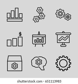 Progress icons set. set of 9 progress outline icons such as gear, chart, gear    sign symb, graph, money chart