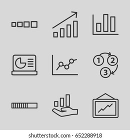 Progress icons set. set of 9 progress outline icons such as graph, 1 2 3, chart on display, graph on hand, chart
