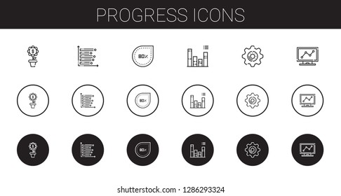 progress icons set. Collection of progress with growth, bar chart, percentage, settings, analytics. Editable and scalable progress icons.
