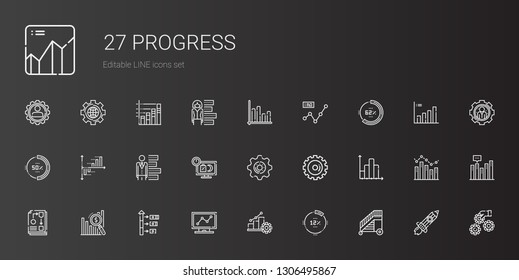 progress icons set. Collection of progress with ladder, percentage, analytics, growth, bar chart, workflow, options, settings, sale, line chart. Editable and scalable progress icons.