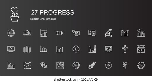 progress icons set. Collection of progress with percentage, rising, setting, line chart, bar chart, analytics, ladder, sale, growth, settings. Editable and scalable progress icons.