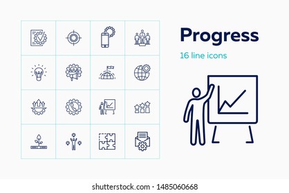 Iconos de progreso. Conjunto de iconos de línea. Marketing de recursos humanos, progreso global, optimización. Concepto de desarrollo. La ilustración vectorial puede utilizarse para temas como negocios, tecnología, carrera