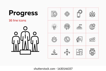Progress icons. Set of line icons. HR marketing, global progress, optimization. Development concept. Vector illustration can be used for topics like business, technology, career