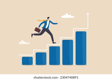 Progress or improvement to success, step forward to grow business, journey to achieve goal, ambition or career path concept, businessman walk up growth chart and graph with stair to success.