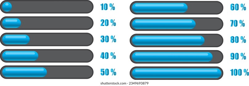 Progress indicator and data loading chart. Progress Bar Set of blue color from 10 to 100% Collection Icon Vector Illustration. System software update and upgrade concept.