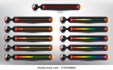 Progress indicator percentage set. Completion, charging, loading or level concepts. Loading website buffer loader or preloader. Isolated on the white panel. Vector  illustration. Eps10.
