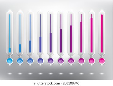 Progress indicator percentage set. Completion, charging, loading or level concepts. Coloured and transparent on the white panel. Vector  illustration. Eps10