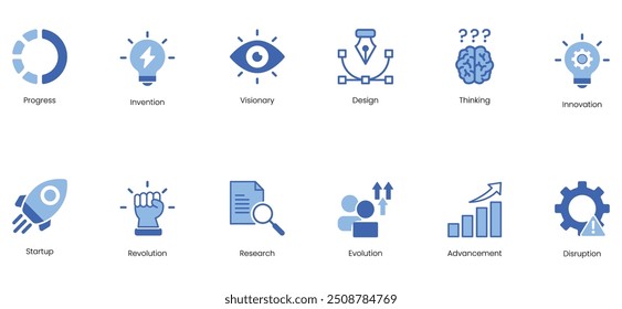 Progresso, Invenção, Visionário, Design, Pensamento, Inovação, Startup, Revolução, Pesquisa, Evolução, Avanço, Disrupção Vetor Icon Set