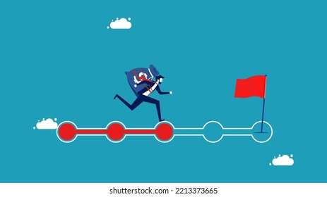 Progress and investment goals. businessman with money bags running on progress bar