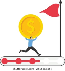 Progress and investment goals. businessman with money bags running on progress bar stock illustration

