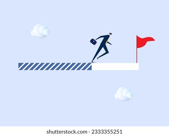 Progress or journey to success or achieve goal, business step or career path, mission or challenge to succeed, improvement concept, ambitious businessman run on progress bar to achieve success flag.