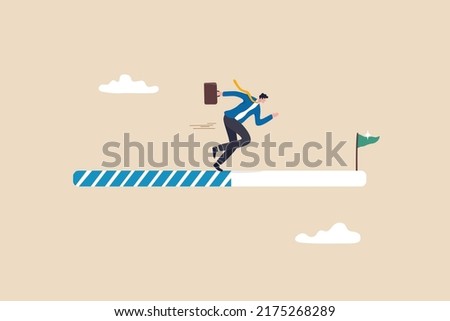 Progress or journey to success or achieve goal, business step or career path, mission or challenge to succeed, improvement concept, ambitious businessman run on progress bar to achieve success flag.