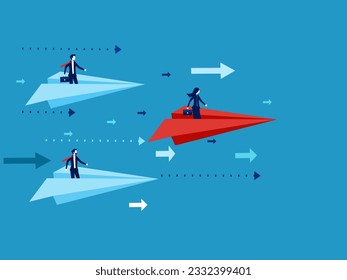 Progress leader. businesswoman flies paper plane in the direction of the arrow pointing forward