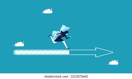 Progress in learning. a businesswoman with a book running on an arrow pointing forward