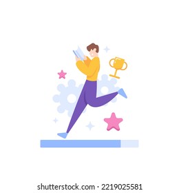 progress and learning process. Improve Self Quality. practice and strive to be better. a businessman reads a book while running. illustration concept design. graphic elements