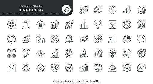 Progress line icon set. Growth, efficiency, moving forward, success, development, increasing the level of organization, productivity and more. Outline vector icon. Pictogram collection	


