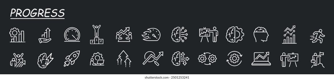 Progress line icons set with Career, Growth, Profit, Target, Graph, Investments, Profession, Success, Development, Strategy, Improvement, Achievement, Increase and more. 