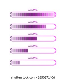 Progress of load bar. Icons of status download. Upload of website or program. Symbol for time and speed of load. Digital preloader for waiting on web page. Simple logos, elements for computer. Vector.