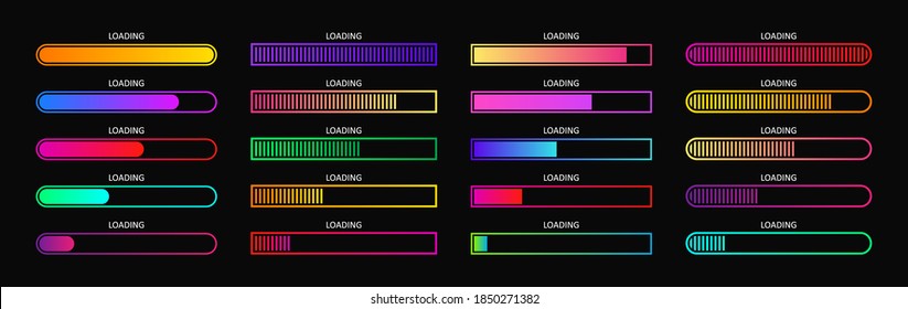 Progress load bar. Indicator of status download. Graphic icons of interface. Neon buttons of speed of upload. Color set of web loaders with percent. Futuristic UI for website, game, internet. Vector.
