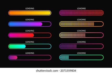 Progress load bar. Indicator of status download. Graphic icons of interface. Neon buttons of speed of upload. Color set of web loaders with percent. Futuristic UI for website, game, internet. Vector.