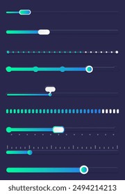 Progress load bar. Indicator of status download. Graphic icons of interface. Neon buttons of speed of upload. Web loaders with percent. Futuristic UI for website, game, internet