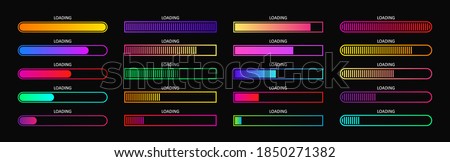 Progress load bar. Indicator of status download. Graphic icons of interface. Neon buttons of speed of upload. Color set of web loaders with percent. Futuristic UI for website, game, internet. Vector.