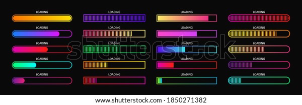 Progress load bar. Indicator of status download.\
Graphic icons of interface. Neon buttons of speed of upload. Color\
set of web loaders with percent. Futuristic UI for website, game,\
internet. Vector.