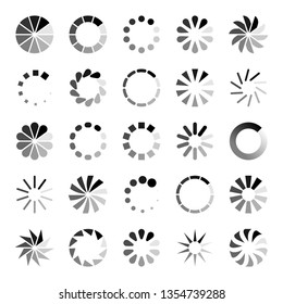 Progress loader icons. Load spinning circle circular buffering indication waiting loading computer website download upload status symbol vector set