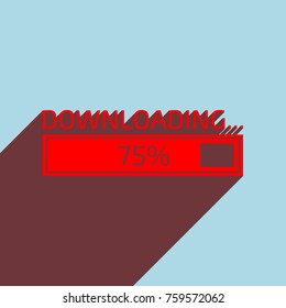Progress loading bar at 75%. Vector. Red flat icon with infinte wine shadow to left down corner at sky background.