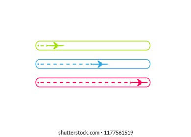 Progress loading bar with airplane is in a dotted line. The flying apartment is black. The waypoint is for a tourist trip. Track on a white background. Vector illustration. Tourism. Travel.