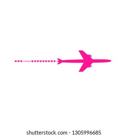 Progress loading bar with airplane and hearts. The flying apartment is black. The waypoint is for a tourist trip. Track on a white background. Vector illustration. Tourism. Travel