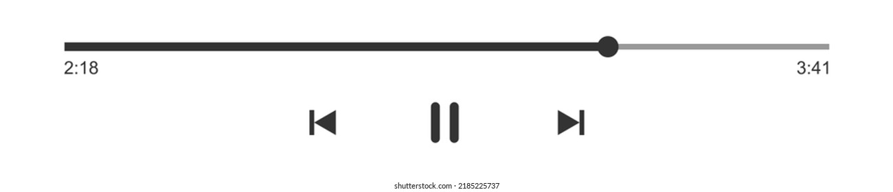Progress loading bar of audio or video player with time slider, pause, rewind and fast forward buttons. Outline template of media player playback panel interface. Vector graphic illustration