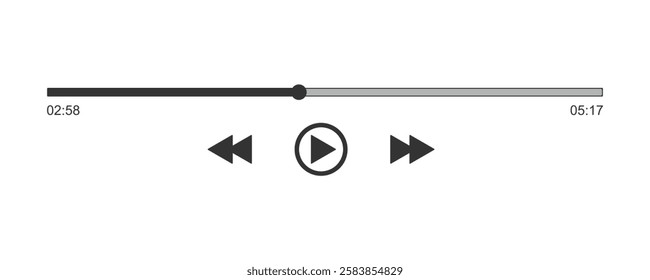 Progress loading bar of audio or video player with time slider, pause, rewind and fast forward buttons. Outline template of media player playback panel interface