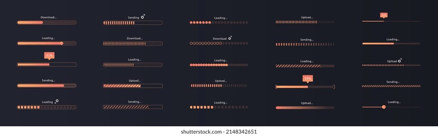 Progress loading bar. Collection of interface elements for applications and programs. Set of orange scales, loading files or game maps. Cartoon flat vector illustrations isolated on dark background