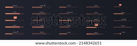 Progress loading bar. Collection of interface elements for applications and programs. Set of orange scales, loading files or game maps. Cartoon flat vector illustrations isolated on dark background